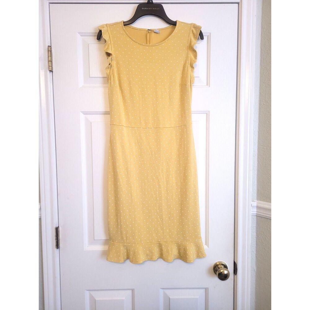 Old Navy Dress Size M Yellow White Polka Dot Ruffle Sleeve Sheath Dress